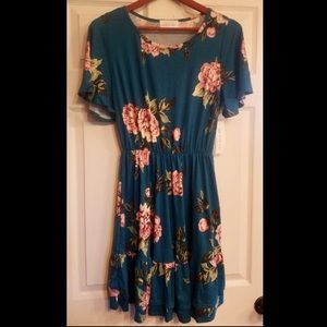 NWT French Grey Teal Floral Dress Large